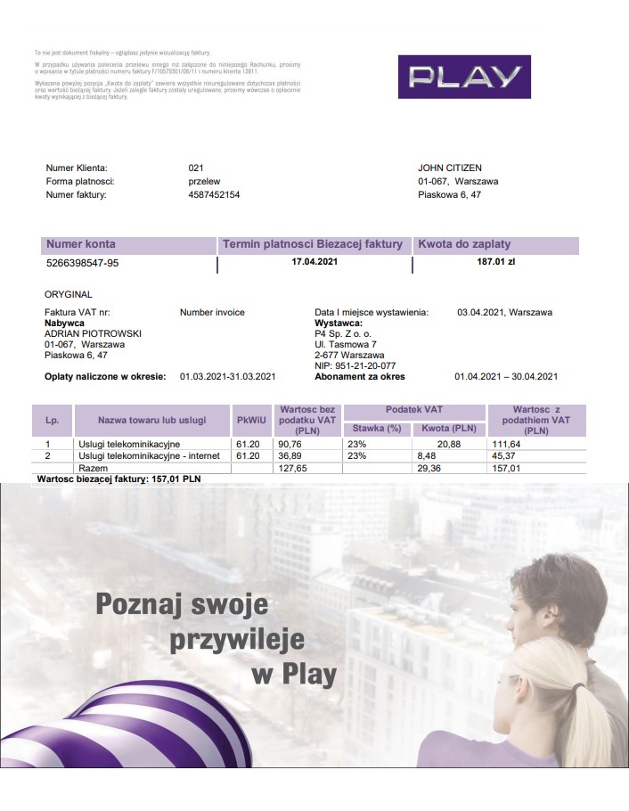 Poland Play utility bill template in Word and PDF format, fully editable